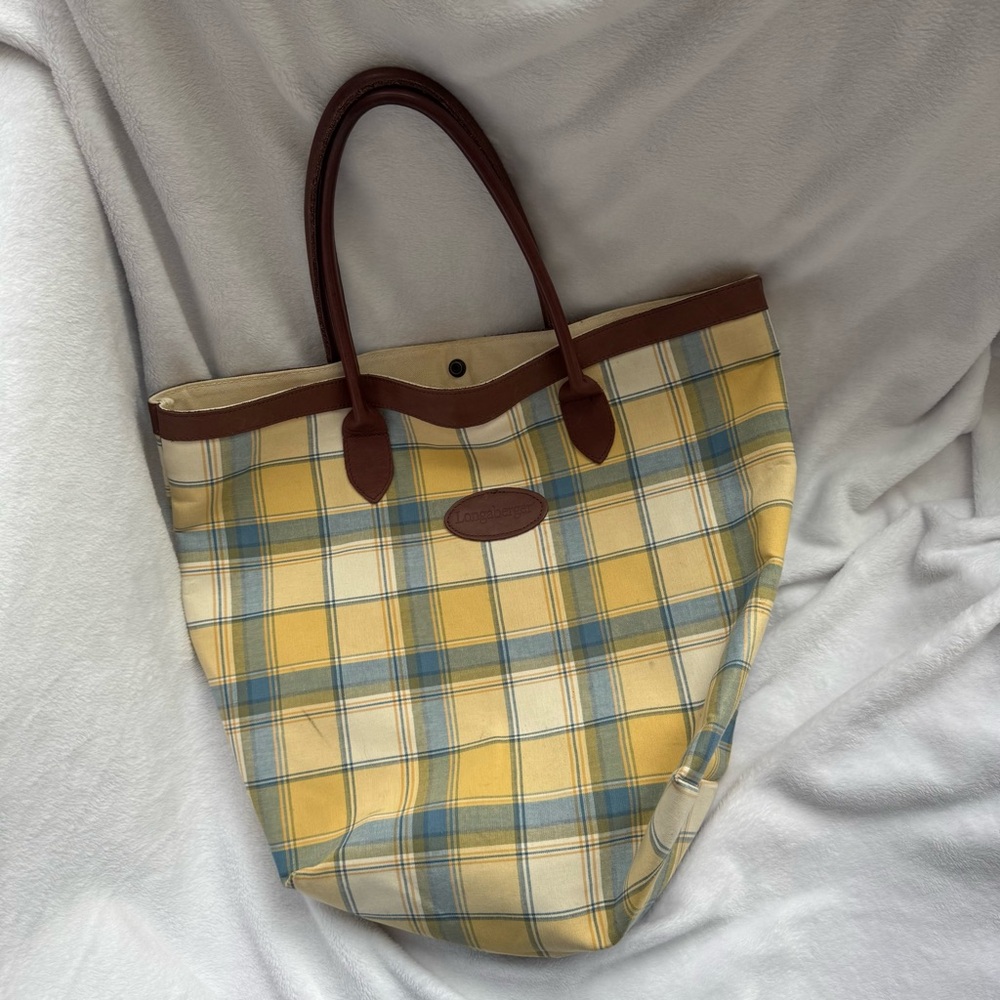 Longaberger Plaid Tote Bag with Brown Handles